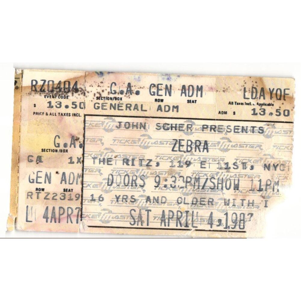 Vintage 1987 Zebra Concert Ticket Stub New York NY